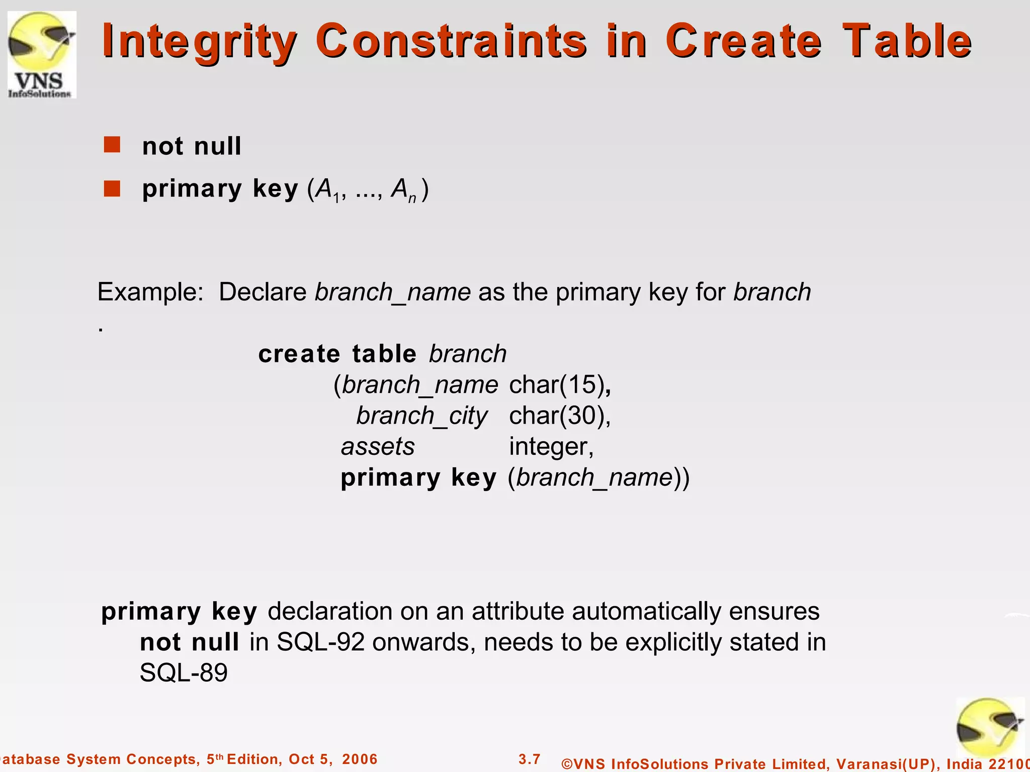 Integrity Constraints in Create Table

              s not null
              s primary key (A1, ..., An )



              Example: Declare branch_name as the primary key for branch
              .
                          create table branch
                                 (branch_name char(15),
                                   branch_city char(30),
                                  assets       integer,
                                  primary key (branch_name))




              primary key declaration on an attribute automatically ensures
                 not null in SQL-92 onwards, needs to be explicitly stated in
                 SQL-89


Database System Concepts, 5 th Edition, Oct 5, 2006   3.7   ©VNS InfoSolutions Private Limited, Varanasi(UP), India 22100
 