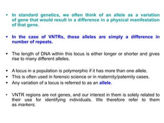  In standard genetics, we often think of an allele as a variation
of gene that would result in a difference in a physical manifestation
of that gene.
 In the case of VNTRs, these alleles are simply a difference in
number of repeats.
 The length of DNA within this locus is either longer or shorter and gives
rise to many different alleles.
 A locus in a population is polymorphic if it has more than one allele.
 This is often used in forensic science or in maternity/paternity cases.
 Any variation of a locus is referred to as an allele.
• VNTR regions are not genes, and our interest in them is solely related to
their use for identifying individuals. We therefore refer to them
as markers.
 