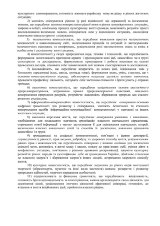 культурного самовираження, готовність вживати українську мову як рідну в різних життєвих
ситуаціях;
2) здатність спілкуватися рідною (у разі відмінності від державної) та іноземними
мовами, що передбачає активне використання рідної мови в різних комунікативних ситуаціях,
зокрема в побуті, освітньому процесі, культурному житті громади, можливість розуміти прості
висловлювання іноземною мовою, спілкуватися нею у відповідних ситуаціях, оволодіння
навичками міжкультурного спілкування;
3) математична компетентність, що передбачає виявлення простих математичних
залежностей в навколишньому світі, моделювання процесів та ситуацій із застосуванням
математичних відношень та вимірювань, усвідомлення ролі математичних знань та вмінь в
особистому і суспільному житті людини;
4) компетентності у галузі природничих наук, техніки і технологій, що передбачають
формування допитливості, прагнення шукати і пропонувати нові ідеї, самостійно чи в групі
спостерігати та досліджувати, формулювати припущення і робити висновки на основі
проведенихдослідів, пізнавати себе і навколишній світ шляхом спостереження та дослідження;
5) інноваційність, що передбачає відкритість до нових ідей, ініціювання змін у
близькому середовищі (клас, школа, громада тощо), формування знань, умінь, ставлень, що є
основою компетентнісного підходу, забезпечують подальшу здатність успішно навчатися,
провадити професійну діяльність, відчувати себе частиною спільноти і брати участь у справах
громади;
6) екологічна компетентність, що передбачає усвідомлення основи екологічного
природокористування, дотримання правил природоохоронної поведінки, ощадного
використання природних ресурсів, розуміючи важливість збереження природи для сталого
розвитку суспільства;
7) інформаційно-комунікаційна компетентність, що передбачає опанування основою
цифрової грамотності для розвитку і спілкування, здатність безпечного та етичного
використання засобів інформаційно-комунікаційної компетентності у навчанні та інших
життєвих ситуаціях;
8) навчання впродовж життя, що передбачає опанування уміннями і навичками,
необхідними для подальшого навчання, організацію власного навчального середовища,
отримання нової інформації з метою застосування її для оцінювання навчальних потреб,
визначення власних навчальних цілей та способів їх досягнення, навчання працювати
самостійно і в групі;
9) громадянські та соціальні компетентності, пов’язані з ідеями демократії,
справедливості, рівності, прав людини, добробуту та здорового способу життя, усвідомленням
рівних прав і можливостей, що передбачають співпрацю з іншими особами для досягнення
спільної мети, активність в житті класу і школи, повагу до прав інших осіб, уміння діяти в
конфліктних ситуаціях, пов’язаних з різними проявами дискримінації, цінувати культурне
розмаїття різних народів та ідентифікацію себе як громадянина України, дбайливе ставлення
до власного здоров’я і збереження здоров’я інших людей, дотримання здорового способу
життя;
10) культурна компетентність, що передбачає залучення до різних видів мистецької
творчості (образотворче, музичне та інші види мистецтв) шляхом розкриття і розвитку
природних здібностей, творчого вираження особистості;
11) підприємливість та фінансова грамотність, що передбачають ініціативність,
готовність брати відповідальність за власні рішення, вміння організовувати свою діяльність для
досягнення цілей, усвідомлення етичних цінностей ефективної співпраці, готовність до
втілення в життя ініційованих ідей, прийняття власних рішень.
 