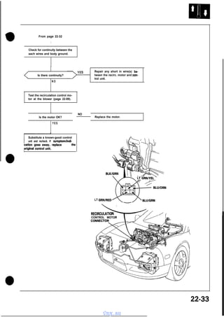 From page 22-32
I
Check for continuity between the
each wires and body ground.

Repair any short in wire(s) between the recirc. motor and control unit.

Is there continuity?
NO

Test the recirculation control motor at the blower (page 22-89).

NO
Is the motor OK?

Replace the motor.

YES

Substitute a known-good control
unit and recheck. If symptomlindi-

/;;t$;ac!gcooenstr~;gfirwlace

the

LT

RECIRCULATIO
CONTROL MOTOR

22-33
vnx.su

 