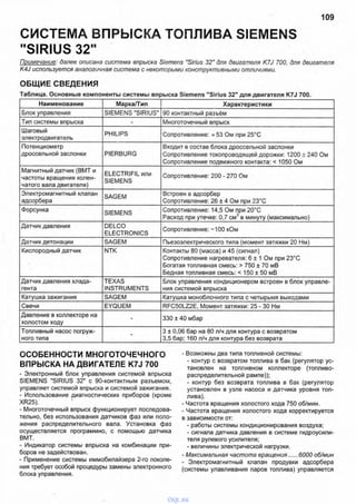 СИСТЕМА ВПРЫСКА ТОПЛИВА SIEMENS
109
"SIRIUS 32"
Примечание: далее описана система впрыска Siemens "Sirius 32" для двигателя K7J 700, для двигателя
K4J используется аналогичная система с некоторыми конструктивными отличиями.
ОБЩИЕ СВЕДЕНИЯ
Таблица. Основные компоненты системы впрыска Siemens "Sirius 32" для двигателя K7J 700.
Наименование Марка/Тип Характеристики
Блок управления SIEMENS "SIRIUS" 90 контактный разъём
Тип системы впрыска - Многоточечный впрыск
Шаговый
электродвигатель
PHILIPS Сопротивление: * 53 Ом при 25°С
Потенциометр
дроссельной заслонки PIERBURG
Входит в состав блока дроссельной заслонки
Сопротивление токопроводящей дорожки: 1200 ± 240 Ом
Сопротивление подвижного контакта: < 1050 Ом
Магнитный датчик (ВМТ и
частоты вращения колен­
чатого вала двигателя)
ELECTRIFIL или
SIEMENS
Сопротивление: 200 - 270 Ом
Электромагнитный клапан
адсорбера
SAGEM Встроен в адсорбер
Сопротивление: 26 ± 4 Ом при 23°С
Форсунка
SIEMENS
Сопротивление: 14,5 Ом при 20°С
Расход при утечке: 0,7 см3 в минуту (максимально)
Датчик давления DELCO
ELECTRONICS
Сопротивление: -100 кОм
Датчик детонации SAGEM Пьезоэлектрического типа (момент затяжки 20 Нм)
Кислородный датчик NTK Контакты 80 (масса) и 45 (сигнал)
Сопротивление нагревателя: 6 ± 1 Ом при 23СС
Богатая топливная смесь: > 750 ± 70 мВ
Бедная топливная смесь: < 150 ± 50 мВ
Датчик давления хлада­
гента
TEXAS
INSTRUMENTS
Блок управления кондиционером встроен в блок управле­
ния системой впрыска
Катушка зажигания SAGEM Катушка моноблочного типа с четырьмя выходами
Свечи EYQUEM RFC50LZ2E, Момент затяжки: 25 - 30 Нм
Давление в коллекторе на
холостом ходу
- 330 ± 40 мбар
Топливный насос погруж­
ного типа
-
3 ± 0,06 бар на 80 л/ч для контура с возвратом
3,5 бар; 160 л/ч для контура без возврата
ОСОБЕННОСТИ МНОГОТОЧЕЧНОГО
ВПРЫСКА НА ДВИГАТЕЛЕ K7J 700
- Электронный блок управления системой впрыска
SIEMENS "SIRIUS 32" с 90-контактным разъемом,
управляет системой впрыска и системой зажигания.
- Испопьзование диагностических приборов (кроме
XR25).
- Многоточечный впрыск функционирует последова-
тельно, без использования датчиков фаз или поло­
жения распределительного вала. Установка фаз
осуществляется программно, с помощью датчика
ВМТ.
- Индикатор системы впрыска на комбинации при­
боров не задействован.
- Применение системы иммобилайзера 2-го поколе-
ния требует особой процедуры замены электронного
блока управпения.
- Возможны два типа топливной системы:
- контур с возвратом топлива в бак (регулятор ус­
тановлен на топливном коллекторе (топливо­
распределительной рампе));
- контур без возврата топлива в бак (регулятор
установлен в узле насоса и датчика уровня топ­
лива).
- Частота вращения холостого хода 750 об/мин.
- Частота вращения холостого хода корректируется
в зависимости от:
- работы системы кондиционирования воздуха;
- сигнала датчика давления в системе гидроусили­
теля рулевого усилителя;
- величины электрической нагрузки.
- Максимальная частота вращения..... 6000 об/мин
- Электромагнитный клапан продувки адсорбера
(системы улавливания паров топлива) управляется
vnx.su
 
