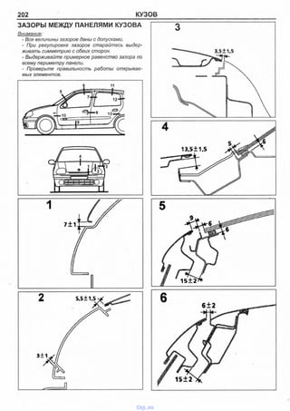 202 КУЗОВ
ЗАЗОРЫ МЕЖДУ ПАНЕЛЯМИ КУЗОВА
Внимание:
- Все величины зазоров даны с допусками.
- При регулировке зазоров старайтесь выдер­
живать симметрию с обеих сторон.
- Выдерживайте примерное равенство зазора по
всему периметру панели.
- Проверьте правильность работы открывае­
мых элементов.
Д
vnx.su
 