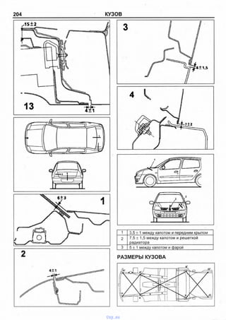 204 КУЗОВ
г — -------------------- -
1 1
==■■ " T tr ■
12
Т-1—_ j —
 1
1 3,5 ± 1 между капотом и передним крылом
2 7,5 ±1,5 между капотом и решеткой
радиатора
3 5 ± 1 между капотом и фарой
РАЗМЕРЫ КУЗОВА
vnx.su
 