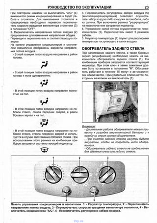 РУКОВОДСТВО ПО ЭКСПЛУАТАЦИИ 23
При повторном нажатии на выключатель "А/С" (4)
выключится режим кондиционирования и будет ра­
ботать отопитель. Для выключения отопителя и
кондиционера необходимо перевести переключа­
тель скорости вращения вентилятора отопителя (3)
в положение "OFF".
2. Переключатель направления потока воздуха (2)
предназначен для изменения направления обдува.
Переведите переключатель в соответствующую по­
зицию.
На панели управления кондиционером и отопите­
лем схематично изображены варианты направле­
ния потока воздуха.
- В этой позиции поток воздуха направлен в район
головы.
Р- В этой позиции поток воздуха направлен в район
головы и пола одновременно.
- В этой позиции поток воздуха направлен полно­
стью на пол.
- В этой позиции поток воздуха направлен на ло­
бовое стекло, стекла передних дверей, в район
боковых зеркал и на пол.
W
- В этой позиции поток воздуха направлен на ло­
бовое стекло, стекла передних дверей и исполь­
зуется в случае запотевания лобового стекла. При
использовании этого режима на комбинации при­
боров загорается соответствующий индикатор.
W
3. Переключатель регулировки забора воздуха (5)
(вентиляция/рециркуляция) позволяет осуществ­
лять забор воздуха либо снаружи автомобиля, либо
из салона. При включении режима "рециркуляция"
на переключателе загорается индикатор.
4. Управление силой потока осуществляется пере­
ключателем (3). Переключатель имеет 5 режимов
работы.
5. Регулятор температуры (1) служит для регулировки
температуры поступающего в салон воздуха.
ОБОГРЕВАТЕЛЬ ЗАДНЕГО СТЕКЛА
При запотевании заднего стекла, а также боковых
зеркал (модификация) необходимо нажать на вы­
ключатель обогревателя заднего стекла (1). На
комбинации приборов загорается соответствующий
индикатор. При этом ключ в замке зажигания дол­
жен быть установлен в положение "М". Обогрева­
тель работает в течение 15 минут и автоматиче­
ски отключается. Принудительно отключается по­
вторным нажатием на выключатель (1).
Внимание:
- Длительная работа обогревателя может при­
вести к разрядке аккумуляторной батареи и к
выходу из строя самого обогревателя.
- При очистке заднего стекла изнутри будьте
аккуратны, чтобы не повредить нити обогре­
вателя.
- Обогреватель заднего стекла не предназначен
для удаления снега или льда со стекла.
Панель управления кондиционером и отопителем. 1 - Регулятор температуры, 2 - Переключатель
направления потока воздуха, 3 - Переключатель скорости вращения вентилятора отопителя, 4 - Вы­
ключатель кондиционера "А/С", 5 - Переключатель регулировки забора воздуха.
vnx.su
 