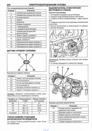 244 ЭЛЕКТРООБОРУДОВАНИЕ КУЗОВА
15-и штырьковый разъем (серый).
Клемма Описание
1 Температура воздуха вне салона
2 Температура воздуха вне салона
3 -4 Не используется
5 "Земля"
6 Подсветка
7 Питание подсветки
8 + оборудования
9 + аккумуляторной батареи
10
Температура воздуха вне
салона (выход)
11 "Земля" (радио, клемма 6)
12
Сигнал включения радио
(радио, клемма 5)
13 Подсоединение радио (клемма 1)
14 Подсоединение радио (клемма 2)
15 Подсоединение радио (клемма 3)
ДАТЧИК УРОВНЯ ТОПЛИВА
С1 В1 А1
С2 В2 А2
Разъем (со стороны насоса).
Клемма Описание
А1 "Земля" датчика уровня топлива
А2 Не используется
В1 Сигнал датчика уровня топлива
В2 Не используется
С1 Питание топливного насоса (+)
С2 "Земля" топливного насоса (-)
Проверка: Измерьте сопротивление между выво-
дами датчика при перемещении поплавка.
Уровень на
указателе
Сопротивлени
е (Ом)
Объем топлива
(± 5 литров)
4/4 7 51
3/4 55 ± 7 39,75
1/2 98 ±10 28,5
1/4 155 ± 15 17,25
0 (резерв) 310 ± 10 6
ТОКОСЪЕМНИК ПОДУШКИ
БЕЗОПАСНОСТИ ВОДИТЕЛЯ
См. раздел "Снятие рулевой колонки" главы "Руле­
вое управление".
ВЫКЛЮЧАТЕЛЬ ОЧИСТИТЕЛЯ
ВЕТРОВОГО СТЕКЛА
Снятие и установка
1. Отсоедините аккумуляторную батарею.
2. Снимите кожух рулевой колонки (три винта).
3. Снимите антенну иммобилайзера с замка зажига­
ния.
4. Отверните два болта (А) крепления выключателя
очистителя.
5. Выньте выключатель из фиксаторов и отсоедини­
те разъем проводки.
Примечание: Рулевое колесо снимать нет необхо­
димости.
6. Установка проводится в обратном порядке.
Клемма Описание
А1 Низкая скорость прерывистого
движения очистителя
А2 Высокая скорость очистителя
АЗ Низкая скорость очистителя
А4 Насос омывателя ветрового стекла
А5 Не используется
А6 Таймер переднего очистителя
vnx.su
 
