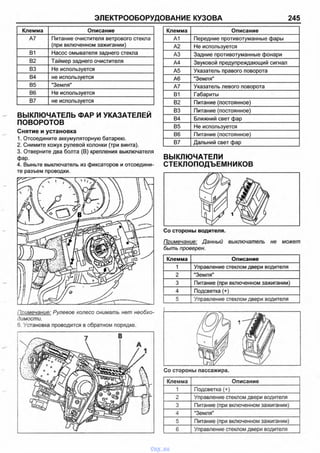 ЭЛЕКТРООБОРУДОВАНИЕ КУЗОВА 245
Клемма Описание
А7 Питание очистителя ветрового стекла
(при включенном зажигании)
В1 Насос омывателя заднего стекла
В2 Таймер заднего очистителя
ВЗ Не используется
В4 не используется
В5 "Земля"
В6 Не используется
В7 не используется
ВЫКЛЮЧАТЕЛЬ ФАР И УКАЗАТЕЛЕЙ
ПОВОРОТОВ
Снятие и установка
1. Отсоедините аккумуляторную батарею.
2. Снимите кожух рулевой колонки (три винта).
3. Отверните два болта (В) крепления выключателя
фар.
4. Выньте выключатель из фиксаторов и отсоедини­
те разъем проводки.
Примечание: Рулевое колесо снимать нет необхо­
димости.
6. Установка проводится в обратном порядке.
Клемма Описание
А1 Передние противотуманные фары
А2 Не испопьзуется
АЗ Задние противотуманные фонари
А4 Звуковой предупреждающий сигнал
А5 Указатель правого поворота
А6 "Земпя"
А7 Указатель левого поворота
В1 Габариты
В2 Питание (постоянное)
ВЗ Питание (постоянное)
В4 Бпижний свет фар
В5 Не используется
В6 Питание (постоянное)
В7 Дальний свет фар
ВЫКЛЮЧАТЕЛИ
СТЕКЛОПОДЪЕМНИКОВ
Со стороны водителя.
Примечание: Данный выключатель не может
быть проверен.
Клемма Описание
1 Управпение стеклом двери водителя
2 "Земля"
3 Питание (при включенном зажигании)
4 Подсветка (+)
5 Управление стеклом двери водителя
Клемма Описание
1 Подсветка (+)
2 Управление стеклом двери водителя
3 Питание (при включенном зажигании)
4 "Земля"
5 Питание (при включенном зажигании)
6 Управпение стеклом двери водителя
vnx.su
 
