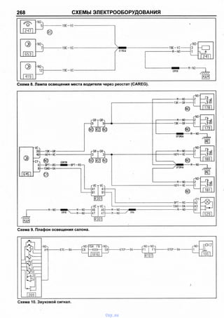 268 СХЕМЫ ЭЛЕКТРООБОРУДОВАНИЯ
-NO-ч
5 Г
2 Л 1
(2> -NQ>
653
ф -N0>
12
419
Схема 8. Лампа освещения места водителя через реостат (CAREG).
Схема 9. Плафон освещения салона.
Схема 10. Звуковой сигнал.
vnx.su
 