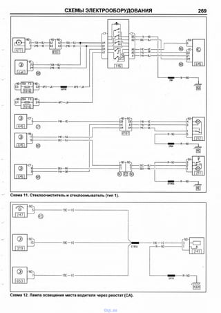 СХЕМЫ ЭЛЕКТРООБОРУДОВАНИЯ 269
[ ■ ф -
-N0>
2
1
— 16А— BJ-----
— 2ЛК— VE-----
г N0n
А2
АЗ
rNO^
А2
АЗ
1877
R107
-18А— 8J— •
■2НА— VE—
"VE
25
гл
-16А— BJ-
-2НА— VE-
г N0-
|ЕН
15А F3
IToTsl
-NO-
S3)— АРЗ— JA-
20А И
1016
-NO-
(2>
645
645
-МА>
17
18
•CY-
8
9
• ©
ЕАРЗХ
■АР7— JA-
•Н8— VE
-НС— SA-
•36С— BJ-
-3SA—НА-
-Н А — GR-
-АРЗ— JA-
CY-
АН
В1
ВИ
А7 О
1
145
CY>
85
32
А6
А2
А1
—N—N0----- .
•38Е— BJ------
1
-NO­
DS
А1
АН
R107
-N0-T-N0
• и в — VE
•НА— GR
НС— SA
■360— 8J-
■36А—МА-
•НЕ— VE-
•HG— 1 1
■НН— B J -
I I
EW
М—N0-
EMQA
-H-N0-
EPIK2A
Г «А-
К
1____
r VE-
©
22
21
ЗН
16-151
-N— NO­
NA
rNO-
Л
3
1
5
212
■И— N0-
"ВА-1
3
2
-И—N0-
//) //
Схема 11. Стеклоочиститель и стеклоомыватель (тип 1).
Схема 12. Лампа освещения места водителя через реостат (СА).
vnx.su
 