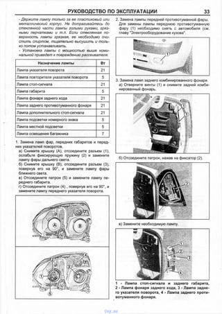 РУКОВОДСТВО ПО ЭКСПЛУАТАЦИИ 33
- Держите лампу только за ее пластиковый или
металлический корпус. Не дотрагивайтесь до
стеклянной части лампы голыми руками, гряз­
ными перчатками и т.п. Если стеклянная по­
верхность лампы грязная, ее необходимо очи­
стить спиртом, тщательно высушить и толь­
ко потом устанавливать.
- Установка лампы с мощностью выше номи­
нальной приведет к повреждению рассеивателя.
Назначение лампы Вт
Лампа указателя поворота 21
Лампа повторителя указателя поворота 5
Лампа стоп-сигнала 21
Лампа габарита 5
Лампа фонаря заднего хода 21
Лампа заднего противотуманного фонаря 21
Лампа дополнительного стоп-сигнала 21
Лампа подсветки номерного знака 5
Лампа местной подсветки 5
Лампа освещения багажника 7
1. Замена ламп фар, передних габаритов и перед­
них указателей поворотов.
а) Снимите крышку (А), отсоедините разъем (1),
ослабьте фиксирующую пружину (2) и замените
лампу фары дальнего света.
б) Снимите крышку (В), отсоедините разъем (3),
повернув его на 90°, и замените лампу фары
ближнего света.
в) Отсоедините патрон (5) и замените лампу пе­
реднего габарита.
г) Отсоедините патрон (4) , повернув его на 90°, и
замените лампу переднего указателя поворота.
2. Замена лампы передней противотуманной фары.
Для замены лампы переднюю противотуманную
фару (1) необходимо снять с автомобиля (см.
главу "Электрооборудование кузова".
3. Замена ламп заднего комбинированного фонаря,
а) Отверните винты (1) и снимите задний комби­
нированный фонарь.
в) Замените необходимую лампу.
б) Отсоедините патрон, нажав на фиксатор (2).
1 - Лампа стоп-сигнала и заднего габарита,
2 - Лампа фонаря заднего хода, 3 - Лампа задне­
го указателя поворота, 4 - Лампа заднего проти­
вотуманного фонаря.
vnx.su
 