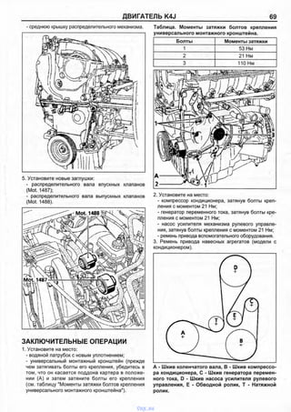 ДВИГАТЕЛЬ K4J 69
- среднюю крышку распределительного механизма.
5. Установите новые заглушки:
- распределительного вала впускных клапанов
(Mot. 1487);
- распределительного вала выпускных клапанов
(Mot. 1488).
Таблица. Моменты затяжки болтов крепления
универсального монтажного кронштейна.
Болты Моменты затяжки
1 53 Нм
2 21 Нм
3 110 Нм
2. Установите на место:
- компрессор кондиционера, затянув болты креп­
ления с моментом 21 Нм;
- генератор переменного тока, затянув болты кре­
пления с моментом 21 Нм;
- насос усилителя механизма рулевого управле­
ния, затянув болты крепления с моментом 21 Нм;
- ремень привода вспомогательного оборудования.
3. Ремень привода навесных агрегатов (модели с
кондиционером).
ЗАКЛЮЧИТЕЛЬНЫЕ ОПЕРАЦИИ
1. Установите на место:
- водяной патрубок с новым уплотнением;
- универсальный монтажный кронштейн (прежде
чем затягивать болты его крепления, убедитесь в
том, что он касается поддона картера в положе­
нии (А) и затем затяните болты его крепления
(см. таблицу "Моменты затяжки болтов крепления
универсального монтажного кронштейна").
А - Шкив коленчатого вала, В - Шкив компрессо­
ра кондиционера, С - Шкив генератора перемен­
ного тока, D - Шкив насоса усилителя рулевого
управления, Е - Обводной ролик, Т - Натяжной
ролик.
vnx.su
 