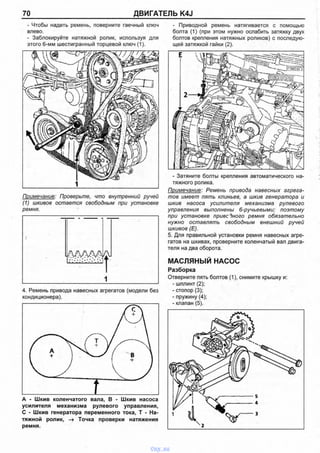 70 ДВИГАТЕЛЬ K4J
- Чтобы надеть ремень, поверните гаечный ключ
влево.
- Заблокируйте натяжной ролик, используя для
этого 6-мм шестигранный торцевой ключ (1).
- Приводной ремень натягивается с помощью
болта (1) (при этом нужно ослабить затяжку двух
болтов крепления натяжных роликов) с последую­
щей затяжкой гайки (2).
Примечание: Проверьте, что внутренний ручей
(1) шкивов остается свободным при установке
ремня.
1
4. Ремень привода навесных агрегатов (модели без
кондиционера).
усилителя механизма рулевого управления,
С - Шкив генератора переменного тока, Т - На­
тяжной ролик, -» Точка проверки натяжения
ремня.
- Затяните болты крепления автоматического на­
тяжного ролика.
Примечание: Ремень привода навесных агрега­
тов имеет пять клиньев, а шкив генератора и
шкив насоса усилителя механизма рулевого
управления выполнены 6-ручьевыми; поэтому
при установке приветного ремня обязательно
нужно оставлять свободным внешний ручей
шкивов (Е).
5. Для правильной установки ремня навесных агре­
гатов на шкивах, проверните коленчатый вал двига­
теля на два оборота.
МАСЛЯНЫЙ НАСОС
Разборка
Отверните пять болтов (1), снимите крышку и:
- шплинт (2);
- стопор (3);
- пружину (4);
- клапан (5).
vnx.su
 