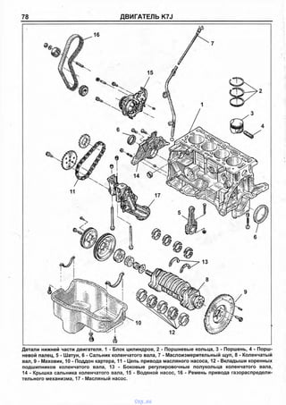 78 ДВИГАТЕЛЬ K7J
Детали нижней части двигателя. 1 - Блок цилиндров, 2 - Поршневые кольца, 3 - Поршень, 4 - Порш­
невой палец, 5 - Шатун, 6 - Сальник коленчатого вала, 7 - Маслоизмерительный щуп, 8 - Коленчатый
вал, 9 - Маховик, 10 - Поддон картера, 11 - Цепь привода масляного насоса, 12 - Вкладыши коренных
подшипников коленчатого вала, 13 - Боковые регулировочные полукольца коленчатого вала,
14 - Крышка сальника коленчатого вала, 15 - Водяной насос, 16 - Ремень привода газораспредели­
тельного механизма, 17 - Масляный насос.
vnx.su
 
