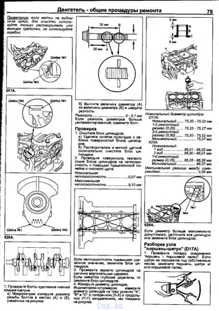 Двиrатель - общие процедуры ремонта
7. Проверьте болты креnпения нижней
крышки·шаrуна. .
~~ро~~~:м8 и~::;:е(д1и:м(В).
указанных на рисунке.
t
@
б) Вычтите валичину диаметра (А)
из величины диаметра (В) и найдите
рез н ость.
Разность ................................ О. О, 1 мм
Если разность диаметров больше
регламентированной, замените болт.
Проверка
1. Очистите блок цилиндров.
а) Удалите остатки ПRокnадОJ< с ра­
бочих nоверхностей блока цилинд­
ров.
б) Растворителем и мягкой щеткой
окончательно очистите блок цн­
линдров.
2. Проверьте поверхность газового
стыка блока цилиндров на непnоско­
стность с помощью nрециэионной ли­
нейки и плоского щуnа.
Номинальная
неплоскостность ....
Максимальная
неплоскостность ....
........ 0,07 мм
..... О,10мм
Если неплоскостность превышает ука­
занное значение, замените блок ци­
линдров.
3. Проверьте заркала цилиндров на
наличие вертикальных царапин.
Если имеются глубокие царапины, то
замените блок цилиндров.
4. Измерьте диаметр цилиндра.
Индикатором~нутромером измерьте
~~~& ~~~~=:о
8
м~&.Хj~~~~
ном (У-У} налреалениях, как показано
на рисунка.
Номинальный диаметр цилиндра:
017А:
Номинальный ....... 75,00-75,02 мм
1-й ремонтный
резмер (0,25) ....... 75,25- 75,27 мм
2--й ремонтный
размер (0,50) ....... 75,50- 75,52 мм
Минимальный... ............. 75,07 мм
К20А:
Номинальный:
1 вид...... 86,01 ~ 86,02 мм
2 вид ............. ...... 86,00 ~ 86,D1 мм
1~й ремонтный
размер (0,25) ........ 86,25 ~ 88,26 мм
Минимальный................... 86,07 мм
Максимвльt~ая разница между изме-
рениями .............. 0,05 мм
Разборка узла
"поршень-шатун" (D17A)
t. Проверьте посадку соединения
"поршень ~ поршневой палец". Если
шатун не оnускается под собственным
весом, замените поршень, шатун и/
или nоршневой палец.
~
~vnx.su
 