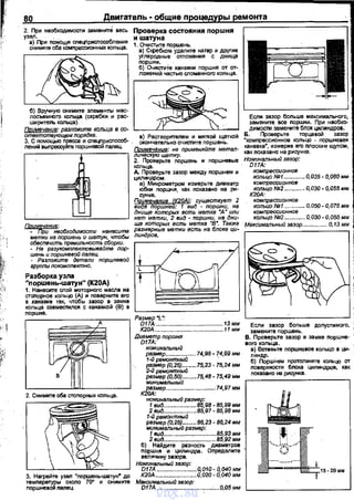 80 Двиrатель • общие процедуры ремонта
2. При необходимости заменитё весь Проверка состояния порwня
уз:).при пОмощи сnецприсnособления и шатуна
1
сни~митеобакомnрессионныхкольца.
1
1
·~]=~;:;;::н:га.рси~~~ ~~' nоршня.
0 б) ОчистиТе канавки поршня от от-
.,~~
1
лож~енийчасrью~~=но~кольца.
1
L - - - - - - - - - _ j
~~~~:~~:r (скребки и рас. ~::Н~~о~о~~:н~~~~~~:~~
Примечание: раэпожитв кольца в со- . ______:_ . димости замените блок цилиндров.
ответствующем порядке. е) Растворителем и мягкой щаткой Б. Проверьте торцавой зазор
;;и~C:on=~;ш~=fri~~ окончательно оч~те поршень. ~~~~~=~~~~вк~~~о~к~о~':~~,:.
~J.::~:~,:,;.применяйте метал- как nоказано на рисунке.
2. Проверьте nоршень и nоршнееые Номинальнь,й зазор:
кольца. D17A:
д. Проверьте зазор между порwнем и компрессионное
цилиндром. кольцо Nf/1 .......... .. 0,035- 0,060 мм
а) Микрометром измерьте диаматр компрессионнов
юбки nоршня, как nоказано на ptll- кольцо NR2 ............ 0,030- 0,055 мм
сунке. К20А:
~9K:'Ъ1;~~eH?rl~дcr_~::u~н~ ::ra7kиt0::.~.~···· o,oso _о.о75 мм
днище которь!Х есть метке ~А· или компрессионное
нет метки, 2 вид- nоршни, на дни- кольцо/1/f12 ............. 0,0ЗО-0,055мм
ПР!м~~~ни~бходuмости нанеситв ~~~;нТt:'~,:': :С~"',.к~а·~о~:~~ lуfакс'имальный зазор.............. О,13 мм
~~':~~,:~~:вН:Л~~~:;rС6'6;~и~ы гли_нд_р_о_•·---------,
- Нв разукомплвктовывайтв пор­
шень и поршиввой палец.
- Разложите детали поршнввой
группы покомппвктно.
Разборка узла
"nоршень-шатун" (К20А)
1. Нанесите слой моторного Mac/la на
стсnорное кольцо (А) и nоверните еГQ
в .канавке так, чтобь1 зазор в замке
коnьца совместился с канавкой (В) в
nоршне.
3. Нагрейте узел ·nорwень-шатун• до
~;~:':6.f~ал~~ло 700 и снимите
Размер ·L·:
D17A ....... ........... 13мм
К20А ....... ............ 11мм
Если зазор боnьше доnустимого, .
замените nорwень.
диg~А~р поршня ~Or~~~~~~~e зазор в замке nоршне-
~=;:~~~~~.........74,98 _74,99 мм ~~~вьте nорwневое кольцо в ци-
1-й ремонтный · б) ПорwНем nротолкните кольцо от
~r::::f'~~~blй.....75,23- 75,24 мм nоверхности блока цилиндров, как
~~~:faf,D~~
0........75,48- 75,49 мм .--"-ока_зано__""_:_Р"_сун:...._ка_.____
кftХмер ..............................:74,97 мм
~:д~~~~.~.~~~~~:9в-85,99 мм
2 вид.....................85,97- 85,98 мм
1-й ремонтНЬ~й
размер (О,25) ......... Вб,2Э- 86,24 мм
минимальный размер:
1вид.................................В5,9Э мм
б) 2
~~3ди~·ё····ра·э~сх;ь....ди~5
м~~~~
nоршня и цилиндра. Определите
величину зазора.
Номинальный зазор:
~16:.:::::::::::::::::::::::::&8~8=&g;g~~
Макоимвльный зазор:
D17A ....................................... О,Обмм
vnx.su
 
