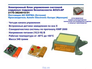Bibik
 Четыре канала управления
 Встроенные датчики замедления по оси Х
 Самодиагностика системы по протоколу KWP 2000
 Напряжение питания (10,5-16) В
 Рабочая температура от -40°С до +85°С
 Масса 340 грамм
Электронный блок управления системой
надувных подушек безопасности ACU3-AP
2170-3824010-01
Поставщик АО НОРМА (Эстония)
Производитель Autoliv Electronic Europe (Франция) 2170-3824010-01
выдано конструкторское
заключение об утверждении изделия
к запуску в производство
vnx.su
 