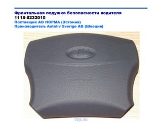 Bibik
Фронтальная подушка безопасности водителя
1118-8232010
Поставщик АО НОРМА (Эстония)
Производитель Autoliv Sverige AB (Швеция)
vnx.su
 