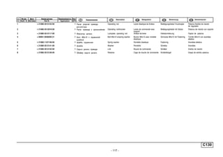 - 117 -
C130
п. № изв. Дата Применяемость Кол
It. Notif. N. Not.Data Application QTY
DenominaciónНомер детали
Part N.
Наименование Description Désignation Benennung
1 + 21080-3512122-00 1 Рычаг упругий привода
регулятора
Operating rod Levier élastique de limiteur Betätigungshebel Druckregler Palanca flexible de mando
de regulador
2 + 21080-3512016-00 1 Рычаг привода с кронштейном Operating rod/bracket Levier de commande avec
support
Betätigungshebel mit Stütze Palanca de mando con soporte
3 + 21080-3512117-00 1 Фиксатор рычага Lockplate, operating rod Arrêtoir de levier Hebelarretierung Fijador de palanca
4 + 00001-0038200-21 1 Болт М5х10 с пружинной
шайбой
Bolt M5x10 w/spring washer Boulon M5x10 avec rondelle
élastique
Schraube M5x10 mit Federring Tornillo M5x10 con arandela
elástica
5 + 21080-1107148-00 1 Шайба пружинная Spring washer Rondelle élastique Federring Arandela elástica
6 + 21080-3512141-00 1 Шайба Washer Rondelle Scheibe Arandela
7 + 21080-3512132-00 1 Серьга рычага привода Link Boucle de commande Schäkel Estribo de mando
8 + 21080-3512128-00 1 Обойма серьги рычага Retainer Cage de boucle de commande Schäkelbügel Grapa de estribo palanca
 