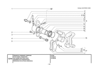 - 126 -
21703
21703-01
21703-02
C210
Элементы передних тормозов
Front brakes components
Vue éclatée des freins avant
Hauptteile der Vorderbremsen
Elementos de los frenos delanteros
Catalogue LADA PRIORA 09.2006
 
