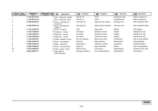 - 157 -
D400
п. № изв. Дата Применяемость Кол
It. Notif. N. Not.Data Application QTY
DenominaciónНомер детали
Part N.
Наименование Description Désignation Benennung
1 + 11180-3001014-00 1 Кулак поворотный правый Stub axle, RH Pivot D Achsschenkel, rechts Muñón de rotación der.
1 + 11180-3001015-00 1 Кулак поворотный левый Stub axle, LH Pivot G Achsschenkel, links Muñón de rotación izq.
2 + 21080-3001060-00 2 Кольцо грязезащитное
внутреннее
Inner guard ring Bague pare-boue intérieure Schutzring, innen Anillo de protección interior
3 + 21080-3001061-00 2 Кольцо грязезащитное
наружное
Outer guard ring Bague pare-boue extérieure Schutzring, außen Anillo de protección exterior
4 + 11180-3103032-00 4 Кольцо стопорное Circlip Bague d'arrêt Haltering Anillo de fijación
5 + 11180-3103020-00 ~ 2 Подшипник ступицы Hub bearing Roulement de moyeu Radlager Rodamiento del cubo
5 + 11180-3103020-02 ~ 2 Подшипник ступицы Hub bearing Roulement de moyeu Radlager Rodamiento del cubo
5 + 11180-3103020-03 ~ 2 Подшипник ступицы Hub bearing Roulement de moyeu Radlager Rodamiento del cubo
6 + 11180-3103012-00 2 Ступица переднего колеса Hub, front roadwheel Moyeu de roue avant Vorderradnabe Cubo de rueda delantera
7 + 21080-3103061-00 2 Кольцо грязезащитное Guard ring Bague pare-boue Staubschutzring Anillo guardapolvos
8 + 21080-3103079-00 2 Шайба подшипника Bearing washer Rondelle de roulement Lagerscheibe Arandela del cojinete
9 + 21080-3103068-00 2 Кольцо уплотнительное Sealing ring Bague d'étanchéité Dichtring Anillo de empaquetadura
10 + 21100-3103065-00 2 Колпак ступицы колеса Wheel hub cover Couvre-moyeu Radnabenkappe Casquete del cubo rueda
11 + 00001-0040442-71 2 Гайка M20x1,5
самоконтрящаяся
Self-locking nut M20x1.5 Ecrou autofreiné M20x1,5 S.Mutter M20x1,5 Tuerca M20x1,5
 