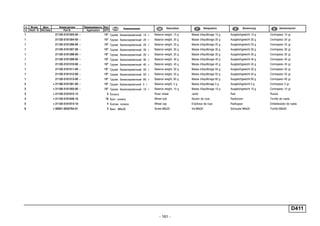 - 161 -
п. № изв. Дата Применяемость Кол
It. Notif. N. Not.Data Application QTY
DenominaciónНомер детали
Part N.
Наименование Description Désignation Benennung
1 21120-3101303-00 ~ 10* Грузик балансировочный 15 г Balance weight, 15 g Masse d'équilibrage 15 g Ausgleichgewicht 15 g Contrapeso 15 gr.
1 21120-3101304-00 ~ 10* Грузик балансировочный 20 г Balance weight, 20 g Masse d'équilibrage 20 g Ausgleichgewicht 20 g Contrapeso 20 gr.
1 21120-3101306-00 ~ 10* Грузик балансировочный 25 г Balance weight, 25 g Masse d'équilibrage 25 g Ausgleichgewicht 25 g Contrapeso 25 gr.
1 21120-3101307-00 ~ 10* Грузик балансировочный 30 г Balance weight, 30 g Masse d'équilibrage 30 g Ausgleichgewicht 30 g Contrapeso 30 gr.
1 21120-3101308-00 ~ 10* Грузик балансировочный 35 г Balance weight, 35 g Masse d'équilibrage 35 g Ausgleichgewicht 35 g Contrapeso 35 gr.
1 21120-3101309-00 ~ 10* Грузик балансировочный 40 г Balance weight, 40 g Masse d'équilibrage 40 g Ausgleichgewicht 40 g Contrapeso 40 gr.
1 21120-3101310-00 ~ 10* Грузик балансировочный 45 г Balance weight, 45 g Masse d'équilibrage 45 g Ausgleichgewicht 45 g Contrapeso 45 gr.
1 21120-3101311-00 ~ 10* Грузик балансировочный 50 г Balance weight, 50 g Masse d'équilibrage 50 g Ausgleichgewicht 50 g Contrapeso 50 gr.
1 21120-3101312-00 ~ 10* Грузик балансировочный 55 г Balance weight, 55 g Masse d'équilibrage 55 g Ausgleichgewicht 55 g Contrapeso 55 gr.
1 21120-3101313-00 ~ 10* Грузик балансировочный 60 г Balance weight, 60 g Masse d'équilibrage 60 g Ausgleichgewicht 60 g Contrapeso 60 gr.
2 + 21100-3101301-00 ~ 10* Грузик балансировочный 5 г Balance weight, 5 g Masse d'équilibrage 5 g Ausgleichgewicht 5 g Contrapeso 5 gr.
2 + 21100-3101302-00 ~ 10* Грузик балансировочный 10 г Balance weight, 10 g Masse d'équilibrage 10 g Ausgleichgewicht 10 g Contrapeso 10 gr.
3 + 21120-3101015-12 5 Колесо Road wheel Jante Rad Rueda
4 + 21120-3101040-10 16 Болт колеса Wheel bolt Boulon de roue Radbolzen Tornillo de rueda
5 + 21120-3101014-10 4 Колпак колеса Wheel cap Enjoliveur de roue Radkappe Embellecedor de rueda
6 + 00001-0032764-01 4 Винт M6x20 Screw M6x20 Vis M6x20 Schraube M6x20 Tornillo M6x20
D411
 