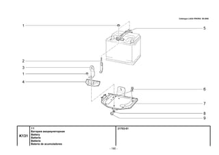- 190 -
21703-01
K131
11
Батарея аккумуляторная
Battery
Batterie
Batterie
Batería de acumuladores
Catalogue LADA PRIORA 09.2006
 