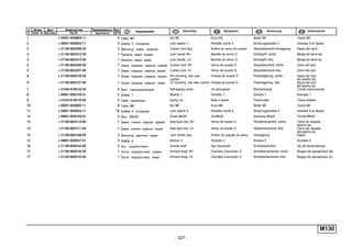 - 227 -
п. № изв. Дата Применяемость Кол
It. Notif. N. Not.Data Application QTY
DenominaciónНомер детали
Part N.
Наименование Description Désignation Benennung
M130
1 + 00001-0058964-11 4 Гайка M5 Nut M5 Ecrou M5 Mutter M5 Tuerca M5
2 + 00001-0026052-71 4 Шайба 5 стопорная Lock washer 5 Rondelle d'arrêt 5 Sicherungsscheibe 5 Arandela 5 de fijación
3 + 21100-6824206-00 2 Фиксатор замка подушки Cushion lock stop Arrêtoir de verrou de coussin Sitzpolsterschloß-Verriegelung Fijador del cierre
4 + 21100-6824212-00 1 Рукоятка замка правая Lock handle RH Manette de verrou D Schloßgriff, rechts Manija del cierre der.
4 + 21100-6824213-00 1 Рукоятка замка левая Lock handle, LH Manette de verrou G Schloßgriff, links Manija del cierre izq.
5 + 21100-6824200-00 1 Замок подушки сиденья правый Cushion lock, RH Verrou de coussin D Sitzpolsterschloß, rechts Cierre del cojín
5 + 21100-6824201-00 1 Замок подушки сиденья левый Cushion lock, LH Verrou de coussin G Sitzpolsterschloß, links Cierre del cojín
6 + 21100-6820126-00 1 Опора подушки сиденья правая RH mounting, rear seat
cushion
Embase de coussin D Polsterlagerung, rechts Apoyo del cojín
del asiento der.
6 + 21100-6820127-00 1 Опора подушки сиденья левая LH mounting, rear seat cushion Embase de coussin G Polsterlagerung, links Apoyo del cojín
del asiento izq.
7 + 21030-8109142-00 2 Винт самонарезающий Self-tapping screw Vis taraudeuse Blechschraube Tornillo autorroscante
8 + 00001-0005195-01 2 Шайба 7 Washer 7 Rondelle 7 Scheibe 7 Arandela 7
9 + 21010-8109143-00 2 Гайка пружинная Spring nut Bride à ressort Federmutter Tuerca elástica
10 + 00001-0058962-11 6 Гайка M6 Nut M6 Ecrou M6 Mutter M6 Tuerca M6
11 + 00001-0026053-71 10 Шайба 6 стопорная Lock washer 6 Rondelle d'arrêt 6 Sicherungsscheibe 6 Arandela 6 de fijación
12 + 00001-0032764-01 4 Винт M6x20 Screw M6x20 Vis M6x20 Schraube M6x20 Tornillo M6x20
13 + 21100-6824110-00 1 Замок спинки сиденья правый Seat back lock, RH Verrou de dossier D Rücklehnenschloß, rechts Cierre de respaldo
asiento der.
13 + 21100-6824111-00 1 Замок спинки сиденья левый Seat back lock, LH Verrou de dossier G Rücklehnenschloß, links Cierre del respaldo
del asiento izq.
14 + 21100-6824186-00 2 Фиксатор рукоятки замка Lock handle stop Arrêtoir de poignée de verrou Verriegelung Fijador
15 + 00001-0026437-01 2 Шайба 6 Washer 6 Rondelle 6 Scheibe 6 Arandela 6
16 + 21100-6826164-00 2 Ось подлокотника Armrest shaft Axe d'accoudoir Armstützenbolzen Eje del descansabrazo
17 + 21100-6826152-00 1 Петля подлокотника правая Armrest hinge, RH Charnière d'accoudoir D Armstützenscharnier, rechts Bisagra del apoyabrazos der.
17 + 21100-6826153-00 1 Петля подлокотника левая Armrest hinge, LH Charnière d'accoudoir G Armstützenscharnier, links Bisagra del apoyabrazos izq.
 