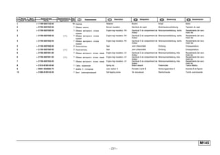 - 231 -
п. № изв. Дата Применяемость Кол
It. Notif. N. Not.Data Application QTY
DenominaciónНомер детали
Part N.
Наименование Description Désignation Benennung
M145
1 + 11190-5007722-00 19 Кнопка Retainer Bouton Knopf Botón
2 + 21700-5007402-00 1 Обивка капота Bonnet insulation Garniture de capot Motorhaubenverkleidung Tapizado de capó
3 + 21700-5007500-00 1 Обивка моторного отсека
правая
Engine bay insulation, RH Garniture D de compartiment de
moteur
Motorraumverkleidung, rechts Revestimiento del vano
motor der.
3 + 21700-5007500-50 (11) 1 Обивка моторного отсека
правая
Engine bay insulation, RH Garniture D de compartiment de
moteur
Motorraumverkleidung, rechts Revestimiento del vano
motor der.
4 + 21700-5007502-00 1 Обивка моторного отсека
правая
Engine bay insulation, RH Garniture D de compartiment de
moteur
Motorraumverkleidung, rechts Revestimiento del vano
motor der.
5 + 21100-5007560-00 2 Уплотнитель Seal Joint d'étanchéité Dichtung Empaquetadura
5 + 21700-5007560-00 (11) 2 Уплотнитель Seal Joint d'étanchéité Dichtung Empaquetadura
6 + 21700-5007501-00 1 Обивка моторного отсека левая Engine bay insulation, LH Garniture G de compartiment de
moteur
Motorraumverkleidung, links Revestimiento del vano
motor izq.
6 + 21700-5007501-50 (11) 1 Обивка моторного отсека левая Engine bay insulation, LH Garniture G de compartiment de
moteur
Motorraumverkleidung, links Revestimiento del vano
motor izq.
7 + 21700-5007503-00 1 Обивка моторного отсека левая Engine bay insulation, LH Garniture G de compartiment de
moteur
Motorraumverkleidung, links Revestimiento del vano
motor izq.
8 + 21010-8109143-00 1 Гайка пружинная Spring nut Bride à ressort Federmutter Tuerca elástica
9 + 00001-0026085-70 1 Шайба 8 стопорная Lock washer 8 Rondelle d'arrêt 8 Sicherungsscheibe 8 Arandela 8 de fijación
10 + 21080-8109142-00 1 Винт самонарезающий Self-tapping screw Vis taraudeuse Blechschraube Tornillo autorroscante
 