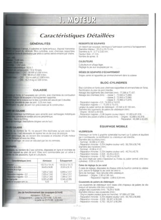 Caracteristiques Detaillees 
GENERALITES 
4 cywldres en ligna vertJcaux, d1spose transversa­vehicule. 
Bloc-cylindres. avec chemtses rapportees. 
_, ,...:mn par arbre a cames lateral entralne par chaine. 
9.5a 1 
• n!Sl>ion : 133 16 bars. 
• CEE : 44 kW a 5 000 tr/m1n. 
DIN 60 ch a 5 000 tr/min. 
CEE : 10.4 m.daN a 2 500 tr/mm 
DIN : 10.7 m.kg a 2 500 tr/min. 
CULASSE 
a 2 soupapes par cyilndre. avec chambres de combustiOn 
soupapes d'echappement rapportes. 
sur le bloc-cylindres est assure par 2 dou1lles. 
du plan de JOint : 0,25 mm max1 
plan de j01nt non preconisee par le constructeur. 
• synthehques sans amiante avec sert1ssages metalliques 
or.oonn:r"" et cordon sthcone periphenque. 
Erling. 
• ~nscnpl1ons dtrigees vers le haut. 
:.,.,bre de 10, ne peuvent etre reutiilsees qu'une seule fo1s. 
est necessaire de reperer les v1s de coup de po1n~on 
les vis dotvent etre brossees et endurtes d'huile moteur 
sous les h~tes 
: en croix en debutant par les vis centrales. 
CllJ nombre de 2 par cyilndres, disposees en ligne et 1nclinees de 
au plan de JOint. Elles sont commandees par un arbre a 
pous501rs. llges et culbuteurs. 
Admission 
103,70 a 104,40 
34,40 a 34.60 
7,025H043 
7,225 117.243 
7,425 ii7,443 
0,020 a 0.069 
8,35 
Echappement 
104,0211104,72 
28,901129,10 
6,999117,017 
7,199 a 1.211 
7.399 i17,417 
0.046 a 0.095 
17 
Jeu de fonctionnement des soupapes (II froid) 
Admission : 0.20 mm 
Echappement; -Jusqu'au 20/11196. 0,30 ITV1l 
-a partir du 21/11/96: 0,50 mm. 
RESSORTS DE SOUP APES 
Un ressort par soupape. 1denttque a l'admtssion comme a l'echappement. 
D1ametre inteneur 20.25 a 20.75 mm. 
D1ametre du fil 3. 77 a 3,83 mm 
Hauteur libre : 41 mm 
Nombre de sp1res : 6 
CULBUTEURS 
Culbuteurs en alilage Ieger 
Reglage du Jeu aux soupapes par VIS. 
SIEGES DE SOUP APES D'ECHAPPEMENT 
Stages usines et rapportes par emmanchement dans Ia culasse. 
BLOC-CYLINDRES 
Bloc-cylindres en fonte avec chemises rapportees et emmanchees en force. 
Rectification du plan de JOint 1nterdite. 
Alesage des logements des chemises (mm) 77.086 a 77.427. 
Alesage des chemises (mm) · - classe 1 : 73,940 II 73,950. 
- classe 2 : 73,950 II 73,960. 
- classe 3 : 73,960 a 73,970. 
-Reparation maJoree + 0,5: 74.500 a 74,510. 
- Reparation ma1oree 1 1 : 75.000 a 75,010. 
Largeur du palier central de vilebreqUin : 22.040 a 22,1 00 mm. 
Diametre des logements de pahers de vtlebrequtn (mm) . 
- Origtne : 60,623 a 60 636. 
- Reparation maJoree + 0,38 (repere couleur blanc)· 61,003 a 61,016. 
D1ametre des paliers d'arbre a cames (mm) . - Ong1ne : 42,888 a 42,918 
- Reparation : 43,396 a 43,420. 
EQUIPAGE MOBILE 
VILEBREQUIN 
Vtlebrequin en fonte II graphite spherOidal tournant sur 5 pahers et eqUihbre 
par 4 contrepo1ds. La recttficallon du vtlebrequtn est 1nterd1te. 
Dtametre des tounllons (mm) . 
-Nominal: 56,980 a 57,000. 
- Reparat1on m1noree - 0,254 (repere couleur vert) : 56,726 a 56,7 46. 
D1ametre des manetons (mm) : 
- Nominal : 40,99 il41 ,01. 
-Reparation mtnoree- 0,254 (repere couleur vert): 40,74 il40,76 
-Reparation m1noree- 0,508. 40,49 a 40,51. 
- Reparation minoree - 0.762 : 40.24 a 40.26. 
Jeu ax1al (regie par cales d'epaisseur au n1veau du palier central. cote bloc­cylindres) 
. 0,05 a 0.26 mm. 
Cales de reglage du jeu axial 
2 cales de reglage, disposees de chaque cote du tourillon central du vtlebre­quin, 
assure le reglage du Jeu axial de celui-ct. 
Sens de montage : face ratnuree cote v1lebrequ1n. 
Epaisseur: - Origtne · 2.80 a 2,85 mm. 
- Reparation majoree · 2,99 a 3.04 mm. 
Coussinets de paliers de vilebrequin 
Les coussinets de vtlebrequtn sont hsses cote chapeaux de paliers de vile­breqUin 
et rainures cote bloc-cylindres. 
Largeur des coussinets (mm): 18,29 a 18,69. 
Diametre interieur des couss1nets (mm) : 
- Origine (repere couleur jaune sur tranche) : 57,009 a 57,056. 
-Reparation minoree- 0.254 (repere couleur vert): 56,755 1156,802. 
- Reparation m1noree - 0.508 : 56,501 a 56,548. 
- Reparat10n m1noree - 0,762 : 56,247 a 56.294. 
-7- 
http://vnx.su 
 