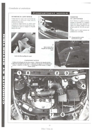 Conduile et entretien 
COMI"ARTIMENT MOTEUR 
OlNERTURE DU CAPOT MOTEUR 
• Pour ouvrir le capm, rirer sur le levier de 
commande d'ouverture situe sou~ Ia 
colonne de din:clion. 
• Soulever le~crcmclll le capot puis 
repo11~scr lc verrou de securire sur le cote. 
• Soulc:1•er le ca pm ct cngager Ia bequille 
dans Ia decoupe. 
levier de dPverrouillage du capot. 
COMPARTIMENT MOTEUR. 
Mise en place de Ia 
bequille de maintien du 
capot 
I. Reservoir du liquide de direction assistee- 2. Reservoir de liquide de frein · 
3. Reservoir de liquide de /ave-I{ lace . -1. Reservoir du liquide de refroidissement 
moteur -5. Batterie ·6. Filtre a air • 7. Remplissage d'huile moteur • 8. }auge 
'7 d'huile moteur. 
IV 
FERMID1JRE 
DU CAPOT MOTEUR 
Pour fermer le capot moteur, 
degager Ia bequilk et l'cngager 
dans ~on clip, puis abaisscr le 
capot et le laisser tomber de son 
propre poids de 20 a 30 em envi· 
ron 
Vcriller qut: le capot motcur esr 
parfaitcmcm verrouille. 
<l Degagement du crochet 
de Sicurite de capo/. 
http://vnx.su 
 