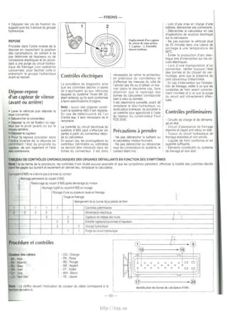 • Deposer les vis de fixation du 
support pws les 3 ecrous du groupe 
hydraulique. 
REPOSE 
Proceder dans l'ordre inverse de Ia 
depose en respectant Ia position 
des canalisations, en veillant a ne 
pas detenorer de fa1sceaux ou de 
connexions electriques et en proce· 
dant a une purge du c1rcutt hydrau­lique 
de freinage (votr operation 
concernee), pour faciliter celle-ci 
preremplir le groupe hydraulique 
avant sa repose. 
Depose-repose 
d'un capteur de vitesse 
(avant ou arriere) 
• Lever le vehicule puis deposer Ia 
roue concemee. 
• Debrancher le connecteur 
• Deposer Ia vis de fixation du cap-teur 
sur le pivot (avant) ou sur le 
moyeu (arriere). 
• Deposer le capteur. 
• Pour Ia repose proceder dans 
l'ordre tnverse de Ia depose en 
control ant I' eta! de proprete du 
capteur de son logement et l'etat 
des connexioos. I 
-FREINS-Controles 
electriques 
La procedure de diagnostic atns1 
que les controles decnts ci-apres 
ne s'appltquent qu'aux vehtcules 
equipes du systeme Teves Mk 20. 
etant entendu qu'lis sent conformes 
a leurs spect!lcaltons d'ongtne. 
Nota : aucun des organes constt· 
tuant le systeme ABS n'est reglable. 
En cas de detectuostte de l'un 
d'entre eux, 11 sera necessaire dele 
remplacer. 
Le controle du Ctrcuit electnque du 
systerne d'ABS peut s'effectuer (en 
part1e) a partir du connecteur depo-se 
du calculateur. 
En aucun cas, les prolongateurs du 
controleur (ohmmetre ou voltmetre) 
ne devronl eire tnlrodutls dans les 
Itches du connecteur. II est done 
Emplacement d'un caP.teur 
de vitesse de roue arnere. 
I. Capteur · 2. Ensemble 
moyeu-tambour. 
necessaire de retirer le protecteur 
en plast1que du connecteur et 
d' effectuer les mesures du cote de 
l'arrivee des fils ou d'utiliser un bor· 
nier (dans le deuxieme cas, faire 
attention que le reperage des 
bornes du calculateur corresponde 
bten a celui du boml9r). 
II est neanmo1ns conseille, avant de 
remplacer le bloc-hydraulique, ou 
toutept· ece one·r euse, d e proce· der a 
un controle plus approfondt a l'atde 
du testeur du constructeur Ford 
FDS 2000. 
Precautions a prendre 
• Ne pas debrancher Ia batterie ou 
le calculateur moteur toumant. 
• Ne pas debrancher ou rebrancher 
tous les connecteurs du systeme, le 
contact etant mis. 
- Lors d'une mise en charge d'une 
batterie, debrancher ses connexions. 
· Debrancher le calculateur en cas 
d'operations de soudure electrique 
sur Ia carrosserie. 
• Ne pas exposer le vehicule plus 
de 20 mtnutes dans une cabtne de 
sechage a une temperature de 
so•c. 
• Eviler Ia production d'arc elec­tnque 
lors d'tnlerventton sur les cir· 
cu1ts electnques. 
- Lors d'une manipulation d'un 
connecteur, verif1er touJours l'elat 
des bornes et du clique! de ver­rowllage, 
ainsi que Ia presence du 
)Oint caoutchouc d 'etancherte. 
• En cas d'intervenlton sur l'installa­tion 
de freinage, veiller a ce que les 
conduites de !rein scient correcte­ment 
montees et a ce que Ia purge 
du ctrcu1t soil correctement effec· 
tuee. 
1 Controles preliminaires 
I • Circuits de charge et de demarra-ge 
en etat. 
- Ctrcutl d'asststance de freinage 
I etanche et clapet anti-retour en etat. 
I 
• Tuyaux du circuit hydraultque de 
freinage etanches et non pinces. 
• Liquide de !rein conforme et en 
quantile suffisante. 
I • Elements constitutifs du systeme 
de fre1nage en bon etat. 
TABL£AU DE CONTROLES CHRONOLOGIQUES DES ORGANES DEFAILLANTS EN FONCTION DES SYMPTOMES 
ttot. : Sl au terrne de Ia procedure, les controles n'ont revele aucune anomalie et que les symptomes perststent. effectuer Ia totalite des controles decrits 
dlriS 1es pages qui sutvenl et seulement en demter lteu, remplacer le calculateur. 
Le voyant d'ABS ne s'allume pas a Ia mtse du contact 
AIUnage pennanent du voyant d' ASS 
ReaJiumage du voyant d'ABS apres demarrage du moteur 
Allumage fugitif du voyankf ABS en roulage 
Blocage d'une ou piUSteurs roues en fretnage 
nrage en freinage t 
Allongement de Ia course de Ia pedale de fretn 
1 1 1 1 1 ContrOies prelimtnaires 
2 2 2 2 AlimentatiOI'I electrique I ~ 
3 2 Gapteurs de Vltesse des roues -~ '( 
2 3 Entrefer capteursfcouronnes d'tmpulsion 
3 2 Groupe h_l'draulique 
1 1 Purge du Ctrcwl hydraultque 
h 
Procedure et controles CD tr~ 9 
@ ·@ 
CIUeur des tables I • OG . Orange 
~ ~ 
- BK : Noir • PK : Rose l 0 0 0 I - BN : Marron • RD: Rouge ~ =~ 0 0 0 0 Cl 
H l J.Bieu • SR : Argent 0 0 0 0 
·GN: Vert • VT ·Violet 0 0 0 0 0 0 Cl 9 1-GY·Gns - WH : Blanc I' - LG Vert clalr • YE Jaune L...J 1r @ 
..,._ : Le chtffre davant !'indication de couleur du cable correspond a Ia L__ ---~dentification des bornes du calculateur d'ABS . .:tiOn de celui-ct. 
-60- 
http://vnx.su 
 