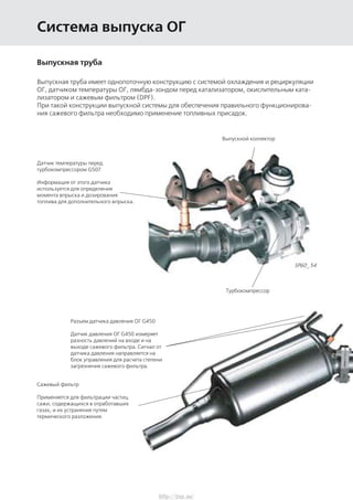 Система выпуска ОГ
Выпускная труба
Выпускная труба имеет однопоточную конструкцию с системой охлаждения и рециркуляции
ОГ,...