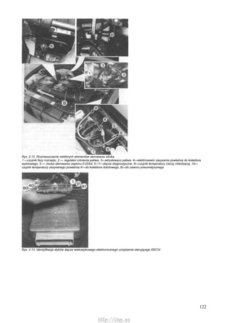122
Rys. 2.12. Rozmieszczenie niektórych elementów sterowania silnika
1 —czujnik fazy rozrządu, 2 — regulator ciśnienia paliwa, 3—wtryskiwacz paliwa, 4—elektrozawór zasysania powietrza do kolektora
wylotowego, 5 — moduł sterowania zapłonu E-DIS4, 6 i 7—złącza diagnostyczne, 8—czujnik temperatury cieczy chłodzącej, 10—
czujnik temperatury zasysanego powietrza A—do kolektora dolotowego, B—do zaworu pneumatycznego
Rys. 2.13. Identyfikacja styków złącza wielostykowego elektronicznego urządzenia sterującego EECIV
http://vnx.su
 