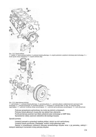 138
Rys. 2.32. Zespól kadłuba
1 —kadłub, 2—tylna pokrywa kadłuba, 3—pokrywa łożyska głównego, 4—czujnik położenia i prędkości obrotowej wału korbowego, 5 —
korek spustu cieczy chłodzącej, 6 —czujnik ciśnienia oleju
Rys. 2.33. Układ tłokowo-korbowy
1 —wał korbowy, 2 —pokrywa łożyska głównego, 3—panewka główna, 4 — panewka główna z półpierścieniami oporowymi wału
korbowego, 5 — pokrywa korbowodu, 6—panewka korbowa, 7 — korbowód, 8—sworzeń tłoka, 9—tłok, 10—pierścień dolny
(zgarniający), 11 —pierścień środkowy (drugi uszczelniający), 12 — pierścień górny (pierwszy uszczelniający), 13 —koło zamachowe
Podczas sprawdzania wał korbowy nie może się obrócić w łożyskach.
Pokrywy łożysk głównych muszą dać się założyć bez uderzania.
Punkt pomiarowy powinien być bliski położenia wału korbowego w GMP tłoka.
Sprawdzenie należy wykonać oddzielnie dla każdego łożyska.
Sposób pomiaru
Umieścić panewki w gniazdach kadłuba silnika i ułożyć na nich wał korbowy.
Umieścić pręcik pomiarowy „Plastigage" wzdłuż czopa głównego wału.
Założyć w prawidłowym położeniu pokrywę sprawdzanego łożyska wraz z jej panewką; założyć i
dokręcić właściwym momentem śruby pokrywy łożyska.
http://vnx.su
 