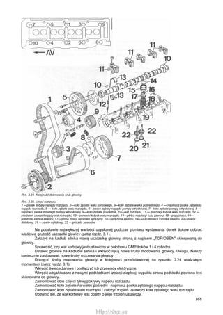 168
Rys. 3.24. Kolejność dokręcania śrub głowicy
Rys. 3.25. Układ rozrządu
1 —pasek zębaty napędu rozrządu, 2—koło zębate wału korbowego, 3—koło zębate wałka pośredniego, 4 — napinacz paska zębatego
napędu rozrządu, 5 — koło zębate wału rozrządu, 6—pasek zębaty napędu pompy wtryskowej, 7—koło zębate pompy wtryskowej, 8 —
napinacz paska zębatego pompy wtryskowej, 9—koło zębate pośrednie, 10—wał rozrządu, 11 — pokrywy łożysk wału rozrządu, 12 —
pierścień uszczelniający wał rozrządu, 13—panewki łożysk wału rozrządu, 14—płytka regulacji luzu zaworu, 15—popychacz, 16—
półstożki zamka zaworu, 17—górna miska oporowa sprężyny, 18—sprężyna zaworu, 19—uszczelniacz trzonka zaworu, 20—zawór
dolotowy, 21 —zawór wylotowy, 22 —gniazda zaworów
Na podstawie największej wartości uzyskanej podczas pomiaru wystawania denek tłoków dobrać
właściwą grubość uszczelki głowicy (patrz rozdz. 3.1).
Założyć na kadłub silnika nową uszczelkę głowicy stroną z napisem „TOP/OBEN" skierowaną do
głowicy.
Sprawdzić, czy wał korbowy jest ustawiony w położeniu GMP tłoków 1 i 4 cylindra.
Ustawić głowicę na kadłubie silnika i wkręcić ręką nowe śruby mocowania głowicy. Uwaga. Należy
koniecznie zastosować nowe śruby mocowania głowicy
Dokręcić śruby mocowania głowicy w kolejności przedstawionej na rysunku 3.24 właściwym
momentem (patrz rozdz. 3.1).
Wkręcić świece żarowe i podłączyć ich przewody elektryczne.
Wkręcić wtryskiwacze z nowymi podkładkami izolacji cieplnej; wypukła strona podkładki powinna być
skierowana do głowicy.
Zamontować obie części tylnej pokrywy napędu rozrządu.
Zamontować koło zębate na wałek pośredni i napinacz paska zębatego napędu rozrządu.
Zamontować koło zębate wału rozrządu i założyć trzpień ustawczy koła zębatego wału rozrządu.
Upewnić się, że wał korbowy jest oparty o jego trzpień ustawczy.
http://vnx.su
 