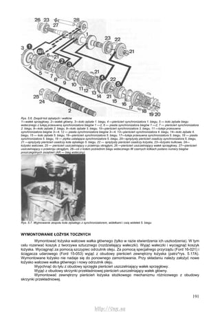 191
Rys. 5.6. Zespół kot zębatych i wałków
1—wałek sprzęgłowy, 2—wałek główny, 3—koło zębate 1. biegu, 4 —pierścień synchronizatora 1. biegu, 5 — koło zębate biegu
wstecznego z tuleją przesuwną synchronizatora biegów 1 —2, 6 — piasta synchronizatora biegów 1 —2, 7 — pierścień synchronizatora
2. biegu, 8—koło zębate 2. biegu, 9—koło zębate 3. biegu, 10—pierścień synchronizatora 3. biegu, 11 —tuleja przesuwna
synchronizatora biegów 3—4, 12 — piasta synchronizatora biegów 3—4, 13—pierścień synchronizatora 4. biegu, 14—koło zębate 4.
biegu, 15 — koło zębate 5. biegu, 16—pierścień synchronizatora 5. biegu, 17—tuleja przesuwna synchronizatora 5. biegu, 18 — piasta
synchronizatora 5. biegu, 19 — płytka ustalająca synchronizatora 5. biegu, 20—sprężysty pierścień osadczy synchronizatora 5. biegu,
21 —sprężysty pierścień osadczy koła zębatego 5. biegu, 22 — sprężysty pierścień osadczy łożyska, 23—łożysko kulkowe, 24—
łożysko walcowe, 25 — pierścień uszczelniający o przekroju okrągłym, 26 —pierścień uszczelniający wałek sprzęgłowy, 27—pierścień
uszczelniający o przekroju okrągłym, 28—oś z kołem pośrednim biegu wstecznego W czarnych kółkach podano numery biegów
poszczególnych zazębień (AR — bieg wsteczny)
Rys. 5.7. Wyjmowanie zespołu koła zębatego z synchronizatorem, widełkami i osią widełek 5. biegu
WYMONTOWANIE ŁOŻYSK TOCZNYCH
Wymontować łożyska walcowe wałka głównego (tylko w razie stwierdzenia ich uszkodzenia). W tym
celu rozerwać koszyk z tworzywa sztucznego (rozdzielający wałeczki). Wyjąć wałeczki i wyciągnąć koszyk
łożyska. Wyciągnąć za pomocą szczypiec odrzutnik oleju. Za pomocą specjalnego przyrządu (Ford 16-021) i
ściągacza udarowego (Ford 15-053) wyjąć z obudowy pierścień zewnętrzny łożyska (patrz^rys. 5.17A).
Wymontowane łożysko nie nadaje się do ponownego zamontowania. Przy składaniu należy założyć nowe
łożysko walcowe wałka głównego i nowy odrzutnik oleju.
Wypchnąć do tyłu z obudowy sprzęgła pierścień uszczelniający wałek sprzęgłowy.
Wyjąć z obudowy skrzynki przekładniowej pierścień uszczelniający wałek główny.
Wymontować zewnętrzny pierścień łożyska stożkowego mechanizmu różnicowego z obudowy
skrzynki przekładniowej.
http://vnx.su
 