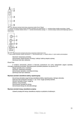 25
Rys. 0.30. Wymiana żarówek tylnej lampy zespolonej modelu Escort Clipper
1.—zaczep mocowania zespołu oprawy żarówek (naciskany przy wyjmowaniu), 2 — żarówka tylnego światła pozycyjnego i światła
hamowania, 3—żarówka światła cofania, 4 — żarówka kierunkowskazu tylnego, 5 — żarówka tylnego światła przeciwmgłowego (tylko w
lewej lampie)
Rys. 0.31. Rozmieszczenie żarówek tylnej lampy zespolonej modelu Escort Van
1 —tylne światło pozycyjne światło hamowania, 2 — kierunkowskaz tylny, 3—światło cofania, 4—tylne światło przeciwmgłowe
Wymienić niesprawną żarówkę.
Zamontować zespół oprawy do lampy i założyć osłonę zespołu oprawy.
Zamknąć drzwi tyłu nadwozia.
Escort Van
Z wnętrza samochodu obrócić w kierunku przeciwnym do ruchu wskazówek zegara oprawkę
mocującą niesprawną żarówkę. Rozmieszczenie żarówek pokazano na rysunku 0.31.
Wyjąć oprawkę wraz z żarówką.
Wymienić niesprawną żarówkę.
Zamontować oprawkę z żarówką do lampy.
Zamknąć drzwi tyłu nadwozia.
Wymiana żarówki oświetlenia tablicy rejestracyjnej
Za pomocą wkrętaka wyjąć lampę oświetlenia tablicy rejestracyjnej z tylnego zderzaka.
Odsunąć dwa sprężyste zaczepy (1, rys. 0.32) i wyjąć oprawkę żarówki.
Obrócić żarówkę w lewo i wyjąć ją.
Założyć nową żarówkę.
Zamontować oprawkę do lampy.
Zamontować lampę do zderzaka tylnego.
Wymiana żarówki lampy oświetlenia wnętrza
Ustawić przełącznik lampy oświetlenia wnętrza w położeniu środkowym.
http://vnx.su
 
