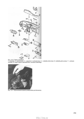 294
Rys. 12.16. Tablica rozdzielcza
1—obudowa, 2—wzmocnienie, 3 — wspornik, 4—schowek lewy, 5 — nakładka dolna lewa, 6—nakładka górna prawa, 7 — pokrywa
schowka, 8—wnęki miejsca radioodbiornika i schowka środkowego
Rys. 12.17. Wymontowanie zespołu przełączników pod kierownicą
http://vnx.su
 