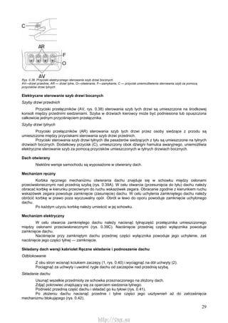 29
Rys. 0.38. Przyciski elektrycznego sterowania szyb drzwi bocznych
AV—drzwi przednie, AR — drzwi tylne, O—otwieranie, F—zamykanie, C — przycisk uniemożliwienia sterowania szyb za pomocą
przycisków drzwi tylnych
Elektryczne sterowanie szyb drzwi bocznych
Szyby drzwi przednich
Przyciski przełączników (AV, rys. 0.38) sterowania szyb tych drzwi są umieszczone na środkowej
konsoli między przednimi siedzeniami. Szyba w drzwiach kierowcy może być podniesiona lub opuszczona
całkowicie jednym przyciśnięciem przełącznika.
Szyby drzwi tylnych
Przyciski przełączników (AR) sterowania szyb tych drzwi przez osoby siedzące z przodu są
umieszczone między przyciskami sterowania szyb drzwi przednich.
Przyciski sterowania szyb drzwi tylnych dla pasażerów siedzących z tyłu są umieszczone na tylnych
drzwiach bocznych. Dodatkowy przycisk (C), umieszczony obok dźwigni hamulca awaryjnego, uniemożliwia
elektryczne sterowanie szyb za pomocą przycisków umieszczonych w tylnych drzwiach bocznych.
Dach otwierany
Niektóre wersje samochodu są wyposażone w otwierany dach.
Mechanizm ręczny
Korbka ręcznego mechanizmu otwierania dachu znajduje się w schowku między osłonami
przeciwsłonecznymi nad przednią szybą (rys. 0.39A). W celu otwarcia (przesunięcia do tyłu) dachu należy
obracać korbkę w kierunku przeciwnym do ruchu wskazówek zegara. Obracanie zgodnie z kierunkiem ruchu
wskazówek zegara powoduje zamknięcie (zasunięcie) dachu. W celu uchylenia zamkniętego dachu należy
obrócić korbkę w prawo poza wyczuwalny opór. Obrót w lewo do oporu powoduje zamknięcie uchylonego
dachu.
Po każdym użyciu korbkę należy umieścić w jej schowku.
Mechanizm elektryczny
W celu otwarcia zamkniętego dachu należy nacisnąć tylnączęść przełącznika umieszczonego
między osłonami przeciwsłonecznymi (rys. 0.39C). Naciśnięcie przedniej części wyłącznika powoduje
zamknięcie dachu.
Naciśnięcie przy zamkniętym dachu przedniej części wyłącznika powoduje jego uchylenie, zaś
naciśnięcie jego części tylnej — zamknięcie.
Składany dach wersji kabriolet Ręczne składanie i podnoszenie dachu
Odblokowanie
Z obu stron wcisnąć kciukiem zaczepy (1, rys. 0.40) i wyciągnąć na dół uchwyty (2).
Pociągnąć za uchwyty i uwolnić rygle dachu od zaczepów nad przednią szybą.
Składanie dachu
Usunąć wszelkie przedmioty ze schowka przeznaczonego na złożony dach.
Zdjąć pokrowiec znajdujący się za oparciem siedzenia tylnego.
Podnieść przednią część dachu i składać go ku tyłowi (rys. 0.41).
Po złożeniu dachu nacisnąć przednie i tylne części jego usztywnień aż do zatrzaśnięcia
mechanizmu blokującego (rys. 0.42).
http://vnx.su
 