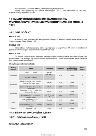 332
Ilość: określona poziomami „MIN" i „MAX" oznaczonymi na zbiorniku.
Rodzaj: płyn syntetyczny do układów hamulcowych DOT 4, Ford Motorcraft ESD-M6C57-A.
Częstość obsługi: wymiana co 3 lata.
16 ZMIANY KONSTRUKCYJNE SAMOCHODÓW
WYPOSAŻONYCH W SILNIKI WYSOKOPRĘŻNE OD MODELI
1991
16.1. OPIS OGÓLNY
MODELE 1991
W styczniu 1991 wprowadzono wersję kombi samochodu wyposażonego w silnik wysokoprężny
1,8dm3 o nazwie Escort Clipper 1.8 D.
MODELE 1993
Wprowadzono turbodoładowany silnik wysokoprężny o pojemności 1,8 dm3 z chłodzeniem
powietrza doładowanego o mocy znamionowej 66 kW (90 KM).
MODELE 1994
Od sierpnia do października 1993 roku na rynkach poszczególnych krajów europejskich firma Ford
zrezygnowała z nazwy Orion dla czterodrzwiowej wersji nadwozia i od tej pory wszystkie wersje nadwozia
tego modelu noszą nazwę Escort.
Identyfikacja modeli samochodów
Rodzaj
nadwozia
Wersja Typ pojazdu Typ silnika
Pojemność
skokowa silnika
(cm3)/moc (kW)
Liczba
biegów
Escort CLX - Touring ABLHK
3-drzwiowe
Escort 1 .8 D Affaire
ABL HKC
RTF 1753/44 5
Escort 1.8 D (CLX - Ghia - Success -
Touring - CLX Super Tour)
AFLHK RTF 1753/44
4-drzwiowe
Escort 1.8 TD (Ghia - Success - CLX
Super Tour)
AFL 1L RFD
1753/66
5
Escort 1 .8 D (CLX - CLX Super Tour -
Success - GL - Ghia)
AALHL RTF 1753/44
5-drzwiowe
Escort 1.8 TD (CLX - Super Tour -
Success - Ghia)
AAL 1M lub AAL
2M
RFD
1753/66
5
Escort Clipper 1.8 D (GL - CLX -
Success - Ghia)
ANLHM RTF 1753/44
Kombi
Escort Clipper 1 .8 TD (CLX - Success -
Ghia)
ANL1N RFD
1753/66
5
Furgon Escort Van 1.8 D AVL68 RTE 1753/44 5
16.2. SILNIK WYSOKOPRĘŻNY 1,8dm3
16.2.1. Silnik niedoładowany 1,8 D
REGULACJA LUZU ZAWORÓW
http://vnx.su
 