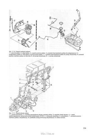 354
Rys. 17.10. Obwód zasilania paliwem
1 —zbiornik paliwa, 2—wlew paliwa, 3—czujnik poziomu paliwa, 4—przewód doprowadzenia paliwa do podgrzewacza, 5—
podgrzewacz paliwa, 6—filtr paliwa z ręczną pompą paliwa, 7 — przewód doprowadzenia paliwa do pompy wtryskowej, 8—przewód
powrotu nadmiaru paliwa do zbiornika A—do pompy wtryskowej, B — z pompy wtryskowej
Rys. 17.11. Obwód wtrysku paliwa
1 — pompa wtryskowa, 2 — korektor wyprzedzenia wtrysku zimnego silnika, 3—regulator dawki wtrysku, 4 — zawór
elektromagnetyczny zatrzymania silnika (elektrozawór STOP), 5 —przewody wtryskowe, 6—wtryskiwacz, 7 —przewód powrotu
nadmiaru paliwa z wtryskiwaczy, 8—podkładka izolacji termicznej wtryskiwacza, 9—świeca żarowa
http://vnx.su
 