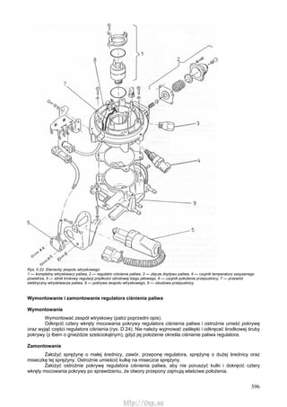 396
Rys. 0.22. Elementy zespołu wtryskowego
1 — kompletny wtryskiwacz paliwa, 2 — regulator ciśnienia paliwa, 3 — złącze dopływu paliwa, 4 — czujnik temperatury zasysanego
powietrza, 5 — silnik krokowy regulacji prędkości obrotowej biegu jałowego, 6 — czujnik położenia przepustnicy, 7 — przewód
elektryczny wtryskiwacza paliwa, 8 — pokrywa zespołu wtryskowego, 9 — obudowa przepustnicy
Wymontowanie i zamontowanie regulatora ciśnienia paliwa
Wymontowanie
Wymontować zespół wtryskowy (patrz poprzedni opis).
Odkręcić cztery wkręty mocowania pokrywy regulatora ciśnienia paliwa i ostrożnie unieść pokrywę
oraz wyjąć części regulatora ciśnienia (rys. D.24). Nie należy wyjmować zaślepki i odkręcać środkowej śruby
pokrywy (z łbem o gnieździe sześciokątnym), gdyż jej położenie określa ciśnienie paliwa regulatora.
Zamontowanie
Założyć sprężynę o małej średnicy, zawór, przeponę regulatora, sprężynę o dużej średnicy oraz
miseczkę tej sprężyny. Ostrożnie umieścić kulkę na miseczce sprężyny.
Założyć ostrożnie pokrywę regulatora ciśnienia paliwa, aby nie poruszyć kulki i dokręcić cztery
wkręty mocowania pokrywy po sprawdzeniu, że otwory przepony zajmują właściwe położenia.
http://vnx.su
 