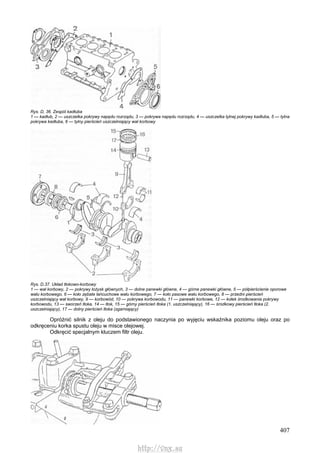 407
Rys. D, 36. Zespól kadłuba
1 — kadłub, 2 — uszczelka pokrywy napędu rozrządu, 3 — pokrywa napędu rozrządu, 4 — uszczelka tylnej pokrywy kadłuba, 5 — tylna
pokrywa kadłuba, 6 — tylny pierścień uszczelniający wał korbowy
Rys. D.37. Układ tłokowo-korbowy
1 — wał korbowy, 2 — pokrywy łożysk głównych, 3 — dolne panewki główne, 4 — górne panewki główne, 5 — półpierścienie oporowe
wału korbowego, 6 — koło zębate łańcuchowe wału korbowego, 7 — koło pasowe wału korbowego, 8 — przedni pierścień
uszczelniający wał korbowy, 9 — korbowód, 10 — pokrywa korbowodu, 11 — panewki korbowe, 12 — kołek środkowania pokrywy
korbowodu, 13 — sworzeń tłoka, 14 — tłok, 15 — górny pierścień tłoka (1. uszczelniający), 16 — środkowy pierścień tłoka (2.
uszczelniający), 17 — dolny pierścień tłoka (zgarniający)
Opróżnić silnik z oleju do podstawionego naczynia po wyjęciu wskaźnika poziomu oleju oraz po
odkręceniu korka spustu oleju w misce olejowej.
Odkręcić specjalnym kluczem filtr oleju.
http://vnx.su
 