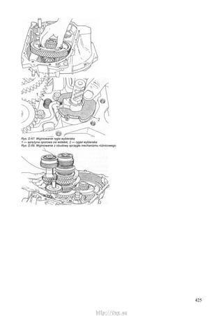 425
Rys. D.67. Wyjmowanie rygla wybieraka
1 — sprężyna oporowa osi widełek, 2 — rygiel wybieraka
Rys. D.69. Wyjmowanie z obudowy sprzęgła mechanizmu różnicowego
http://vnx.su
 