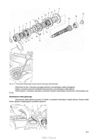 427
Rys. D. 71. Rozrywanie plastykowego koszyka łożyska walcowego watka głównego
Wypchnąć do tyłu z obudowy sprzęgła pierścień uszczelniający wałek sprzęgłowy.
Wyjąć z obudowy skrzynki przekładniowej pierścień uszczelniający wałek główny.
Wymontować z obudowy zewnętrzny pierścień łożyska stożkowego mechanizmu różnicowego (rys.
D.72).
Rozkładanie wałka głównego
Zamocować wałek główny pionowo w imadle o szczękach osłoniętych miękką blachą. Oprzeć wałek
kołem zębatym napędzającym przekładni głównej.
http://vnx.su
 