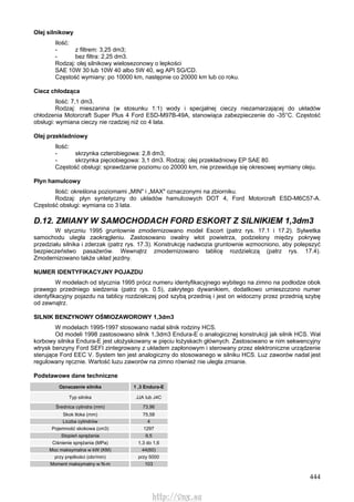 444
Olej silnikowy
Ilość:
- z filtrem: 3,25 dm3;
- bez filtra: 2,25 dm3.
Rodzaj: olej silnikowy wielosezonowy o lepkości
SAE 10W 30 lub 10W 40 albo 5W 40, wg API SG/CD.
Częstość wymiany: po 10000 km, następnie co 20000 km lub co roku.
Ciecz chłodząca
Ilość: 7,1 dm3.
Rodzaj: mieszanina (w stosunku 1:1) wody i specjalnej cieczy niezamarzającej do układów
chłodzenia Motorcraft Super Plus 4 Ford ESD-M97B-49A, stanowiąca zabezpieczenie do -35°C. Częstość
obsługi: wymiana cieczy nie rzadziej niż co 4 lata.
Olej przekładniowy
Ilość:
- skrzynka czterobiegowa: 2,8 dm3;
- skrzynka pięciobiegowa: 3,1 dm3. Rodzaj: olej przekładniowy EP SAE 80.
Częstość obsługi: sprawdzanie poziomu co 20000 km, nie przewiduje się okresowej wymiany oleju.
Płyn hamulcowy
Ilość: określona poziomami „MIN" i „MAX" oznaczonymi na zbiorniku.
Rodzaj: płyn syntetyczny do układów hamulcowych DOT 4, Ford Motorcraft ESD-M6C57-A.
Częstość obsługi: wymiana co 3 lata.
D.12. ZMIANY W SAMOCHODACH FORD ESKORT Z SILNIKIEM 1,3dm3
W styczniu 1995 gruntownie zmodernizowano model Escort (patrz rys. 17.1 i 17.2). Sylwetka
samochodu uległa zaokrągleniu. Zastosowano owalny wlot powietrza, podzielony między pokrywę
przedziału silnika i zderzak (patrz rys. 17.3). Konstrukcję nadwozia gruntownie wzmocniono, aby polepszyć
bezpieczeństwo pasażerów. Wewnątrz zmodernizowano tablicę rozdzielczą (patrz rys. 17.4).
Zmodernizowano także układ jezdny.
NUMER IDENTYFIKACYJNY POJAZDU
W modelach od stycznia 1995 prócz numeru identyfikacyjnego wybitego na zimno na podłodze obok
prawego przedniego siedzenia (patrz rys. 0.5), zakrytego dywanikiem, dodatkowo umieszczono numer
identyfikacyjny pojazdu na tablicy rozdzielczej pod szybą przednią i jest on widoczny przez przednią szybę
od zewnątrz.
SILNIK BENZYNOWY OŚMIOZAWOROWY 1,3dm3
W modelach 1995-1997 stosowano nadal silnik rodziny HCS.
Od modeli 1998 zastosowano silnik 1,3dm3 Endura-E o analogicznej konstrukcji jak silnik HCS. Wał
korbowy silnika Endura-E jest ułożyskowany w pięciu łożyskach głównych. Zastosowano w nim sekwencyjny
wtrysk benzyny Ford SEFI zintegrowany z układem zapłonowym i sterowany przez elektroniczne urządzenie
sterujące Ford EEC V. System ten jest analogiczny do stosowanego w silniku HCS. Luz zaworów nadal jest
regulowany ręcznie. Wartość luzu zaworów na zimno również nie uległa zmianie.
Podstawowe dane techniczne
Oznaczenie silnika 1 ,3 Endura-E
Typ silnika JJA lub J4C
Średnica cylindra (mm) 73,96
Skok tłoka (mm) 75,58
Liczba cylindrów 4
Pojemność skokowa (cm3) 1297
Stopień sprężania 9,5
Ciśnienie sprężania (MPa) 1,3 do 1,6
Moc maksymalna w kW (KM) 44(60)
przy prędkości (obr/min) przy 5000
Moment maksymalny w N-m 103
http://vnx.su
 