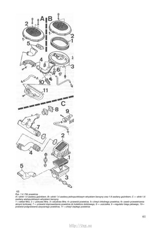61
Rys. 1.4. Filtr powietrza
A—silnik 1,4 zasilany gaźnikiem, B—silnik 1,4 zasilany jednopunktowym wtryskiem benzyny oraz 1,6 zasilany gaźnikiem, C — silnik 1,6
zasilany wielopunktowym wtryskiem benzyny
1 —wkład filtra, 2 — pokrywa filtra, 3—obudowa filtra, 4—przewód powietrza, 5—chwyt chłodnego powietrza, 6—zawór przewietrzania
skrzyni korbowej, 7 — przewód doprowadzenia powietrza do kolektora dolotowego, 8 — uszczelka, 9 —regulator biegu jałowego, 10—
przewód podgrzewania zasysanego powietrza, 11 —chwyt ciepłego powietrza
http://vnx.su
 