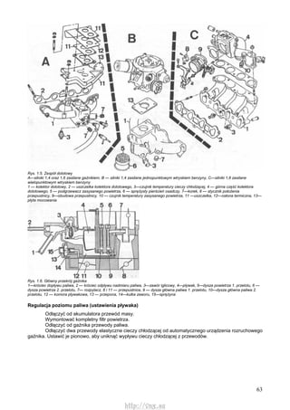 63
Rys. 1.5. Zespół dolotowy
A—silniki 1,4 oraz 1,6 zasilane gaźnikiem, B — silniki 1,4 zasilane jednopunktowym wtryskiem benzyny, C—silniki 1,6 zasilane
wielopunktowym wtryskiem benzyny
1 — kolektor dolotowy, 2 — uszczelka kolektora dolotowego, 3—czujnik temperatury cieczy chłodzącej, 4 — górna część kolektora
dolotowego, 5 — podgrzewacz zasysanego powietrza, 6 — sprężysty pierścień osadczy, 7—korek, 8 — stycznik położenia
przepustnicy, 9—obudowa przepustnicy, 10 — czujnik temperatury zasysanego powietrza, 11 —uszczelka, 12—osłona termiczna, 13—
płyta mocowania
Rys. 1.6. Główny przekrój gaźnika
1—króciec dopływu paliwa, 2 — króciec odpływu nadmiaru paliwa, 3—zawór iglicowy, 4—pływak, 5—dysza powietrza 1. przelotu, 6 —
dysza powietrza 2. przelotu, 7— rozpylacz, 8 i 11 — przepustnice, 9 — dysza główna paliwa 1. przelotu, 10—dysza główna paliwa 2.
przelotu, 12 — komora pływakowa, 13 — przepona, 14—kulka zaworu, 15—sprężyna
Regulacja poziomu paliwa (ustawienia pływaka)
Odłączyć od akumulatora przewód masy.
Wymontować kompletny filtr powietrza.
Odłączyć od gaźnika przewody paliwa.
Odłączyć dwa przewody elastyczne cieczy chłodzącej od automatycznego urządzenia rozruchowego
gaźnika. Ustawić je pionowo, aby uniknąć wypływu cieczy chłodzącej z przewodów.
http://vnx.su
 