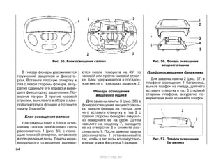 В гнезде фонарь удерживается
пружинной защелкой и фиксато-
ром. Вставьте плоскую отвертку в
паз с левой стороны фонаря, акку-
ратно сдвиньте его вправо и выве-
дите фиксатор из зацепления. По-
вернув патрон 3 против часовой
стрелки, выньте его в сборе с лам-
пой из корпуса фонаря и потяните
лампу 2 на себя.
Блок освещения салона
Для замены ламп в блоке осве-
щения салона необходимо снять
рассеиватель 1 (рис. 55) с помо-
щью плоской отвертки, вставив ее
в специальные пазы. Лампы инди-
видуального освещения вынима-
ются после поворота на 450 по
часовой или против часовой стрел-
ки. Блок удерживается в посадоч-
ном месте с помощью защелок 2.
Фонарь освещения
вещевого ящика
Для замены лампы 3 (рис. 56) в
фонаре освещения вещевого ящи-
ка, выньте фонарь из гнезда, для
чего вставьте отвертку в паз 2 с
правой стороны фонаря и аккурат-
но поверните ее на себя. Затем
нажмите на защелку 7, выведите
ее из отверстия 6 и снимите рас-
сеиватель 1. После замены лампы
рассеиватель 1 устанавливайте
так, чтобы в его пазы вошли устано-
вочные усики 4 корпуса 5 фонаря.
64
Рис. 56. Фонарь освещения
вещевого ящика
Рис. 55. Блок освещения салона
Рис. 57. Плафон освещения
багажника
Плафон освещения багажника
Для замены лампы 2 (рис. 57) в
плафоне освещения 1 багажника,
выньте плафон из гнезда, для чего
вставьте отвертку в паз 3 с правой
стороны плафона, аккуратно по-
верните ее вниз и снимите плафон.
http://vnx.su/
 