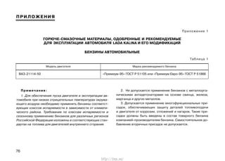 76
ПРИЛОЖЕНИЯ
Приложение 1
ГОРЮЧЕ-СМАЗОЧНЫЕ МАТЕРИАЛЫ, ОДОБРЕННЫЕ И РЕКОМЕНДУЕМЫЕ
ДЛЯ ЭКСПЛУАТАЦИИ АВТОМОБИЛЯ LADA KALINA И ЕГО МОДИФИКАЦИЙ
БЕНЗИНЫ АВТОМОБИЛЬНЫЕ
Таблица 1
Модель двигателя Марка рекомендуемого бензина
ВАЗ-21114-50 «Премиум-95» ГОСТ Р 51105 или «Премиум Евро-95» ГОСТ Р 51866
Примечания:
1. Для обеспечения пуска двигателя и эксплуатации ав-
томобиля при низких отрицательных температурах окружа-
ющего воздуха необходимо применять бензины соответст-
вующих классов испаряемости в зависимости от климати-
ческого района. Требования по классам испаряемости и
сезонному применению бензинов для различных регионов
Российской Федерации изложены в соответствующих стан-
дартах на топлива для двигателей внутреннего сгорания.
2. Не допускается применение бензинов с металлорга-
ническими антидетонаторами на основе свинца, железа,
марганца и других металлов.
3. Допускается применение многофункциональных при-
садок, обеспечивающих защиту деталей топливоподачи
и двигателя от коррозии, отложений и нагаров. Такие при-
садки должны быть введены в состав товарного бензина
компанией-производителем бензина. Самостоятельное до-
бавление вторичных присадок не допускается.
http://vnx.su/
 