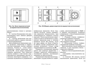 расположению стекол в автомо-
биле);
8 – кнопка блокировки или раз-
блокировки всех замков дверей
автомобиля;
9 – кнопка включения или вы-
ключения работы задних электро-
стеклоподъемников.
Для управления зеркалами нуж-
но включить зажигание и нажать
соответствующую кнопку выбора
зеркала. Кнопку L – если нужно
управлять левым зеркалом, или
кнопку R – если нужно управлять
правым зеркалом. При нажатии
кнопки символ в ней начнет под-
свечиваться оранжевым светом в
течении некоторого времени, это
означает возможность управления
выбранным зеркалом. Если под-
светка погасла, значит управле-
ние зеркалом прекратилось, при
необходимости нажмите кнопку
еще раз. После выключения зажи-
гания остается возможность упра-
вления зеркалом еще в течение
времени около 90 секунд, если
ни одна дверь не была открыта.
В любом случае управление зер-
калами возможно только когда
подсвечиваются кнопки L или R.
Управлять положением зеркала
нужно при помощи джойстика 1.
Следует добиться необходимого
положения зеркала, поочередно
нажимая на одну из рисок.
Управление электростеклоподъ-
емниками осуществляется клави-
шами, расположенными в МДВ и
в дверях пассажиров. Клавиши
управления стеклоподъемниками
имеют 3 позиции:
1. «Подъем стекла» (нефикси-
рованная крайняя позиция).
2. «Выключено» (фиксирован-
ная средняя позиция).
3. «Опускание стекла» (нефик-
сированная крайняя позиция).
Для опускания стекла требуется
нажатие, а для подъема стекла –
поднятие клавиши.
Работа стеклоподъемников раз-
решена:
– все время, пока включено за-
жигание;
– в течение 30 секунд после
выключения зажигания, если за
13
Рис. 6а. Блок переключателей
(в вариантном исполнении)
Рис. 6б.Модуль двери водителя (в вариантном исполнении)
http://vnx.su/
 